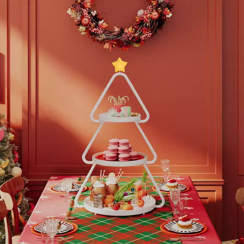 Chariot de rangement roulant Pinmoco pour sapin de Noël, étagère de rangement métallique à 3 niveaux pour collations, petits gâteaux et desserts, table d'appoint pour fêtes et vacances