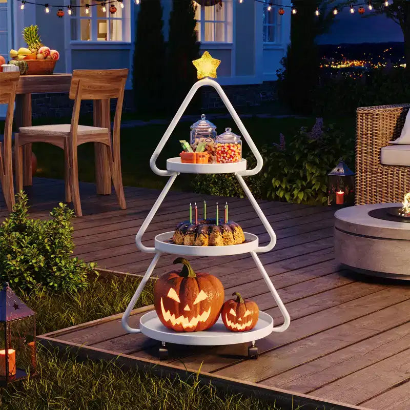 Chariot de rangement roulant Pinmoco pour sapin de Noël, étagère de rangement métallique à 3 niveaux pour collations, petits gâteaux et desserts, table d'appoint pour fêtes et vacances