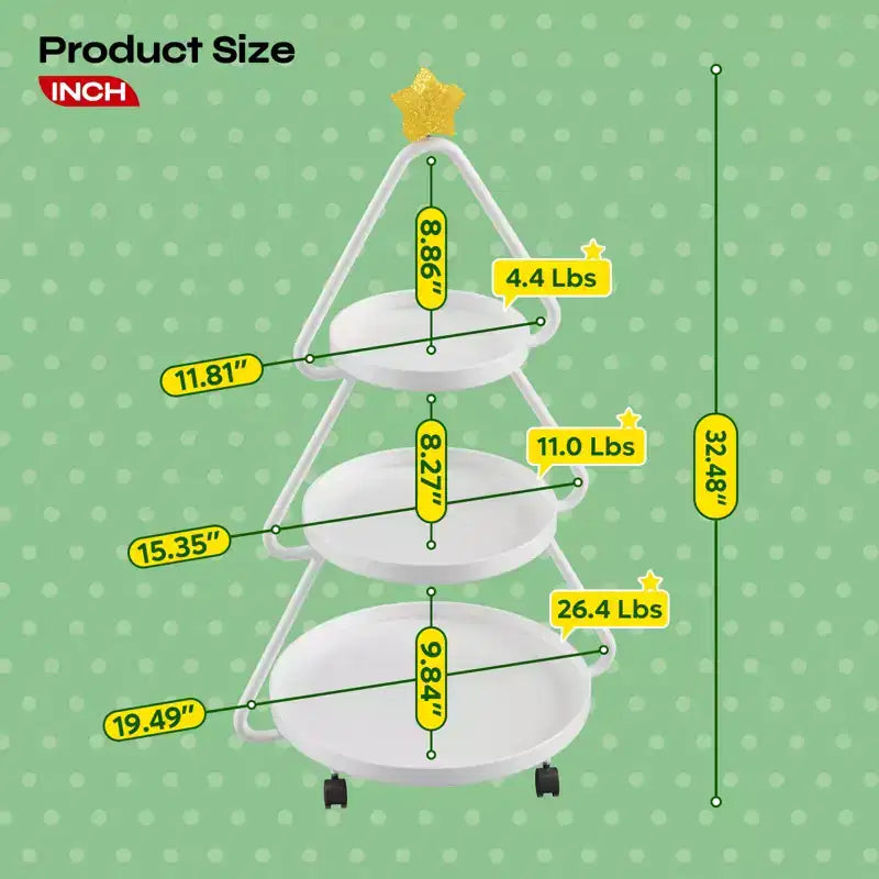 Chariot de rangement roulant Pinmoco pour sapin de Noël, étagère de rangement métallique à 3 niveaux pour collations, petits gâteaux et desserts, table d'appoint pour fêtes et vacances