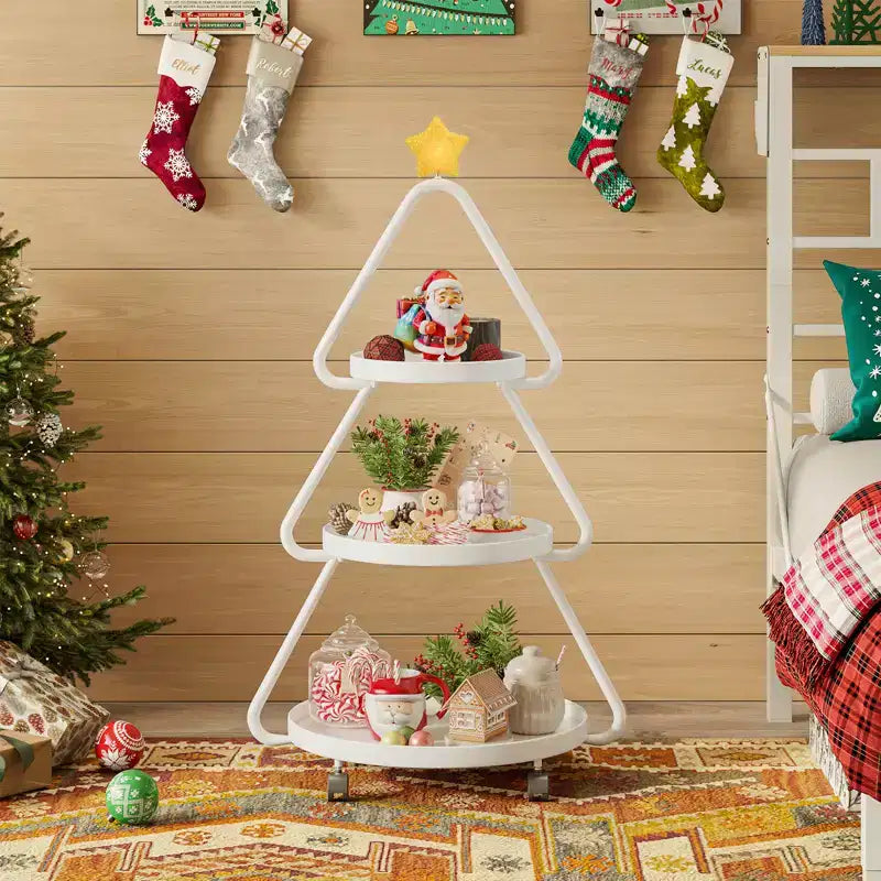 Chariot de rangement roulant Pinmoco pour sapin de Noël, étagère de rangement métallique à 3 niveaux pour collations, petits gâteaux et desserts, table d'appoint pour fêtes et vacances