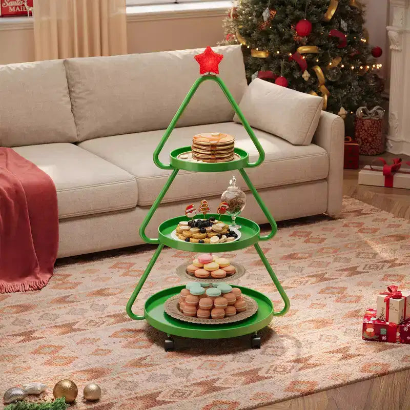 Chariot de rangement roulant Pinmoco pour sapin de Noël, étagère de rangement métallique à 3 niveaux pour collations, petits gâteaux et desserts, table d'appoint pour fêtes et vacances