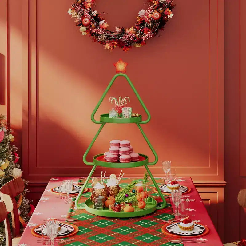 Chariot de rangement roulant Pinmoco pour sapin de Noël, étagère de rangement métallique à 3 niveaux pour collations, petits gâteaux et desserts, table d'appoint pour fêtes et vacances