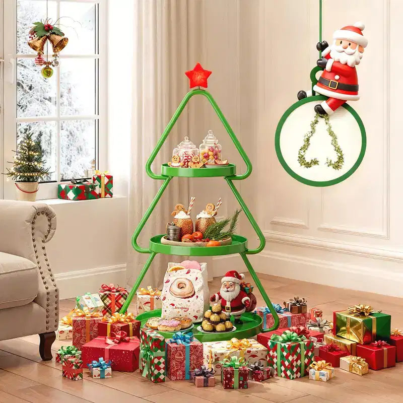 Chariot de rangement roulant Pinmoco pour sapin de Noël, étagère de rangement métallique à 3 niveaux pour collations, petits gâteaux et desserts, table d'appoint pour fêtes et vacances