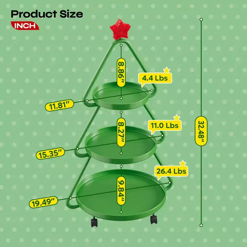 Chariot de rangement roulant Pinmoco pour sapin de Noël, étagère de rangement métallique à 3 niveaux pour collations, petits gâteaux et desserts, table d'appoint pour fêtes et vacances