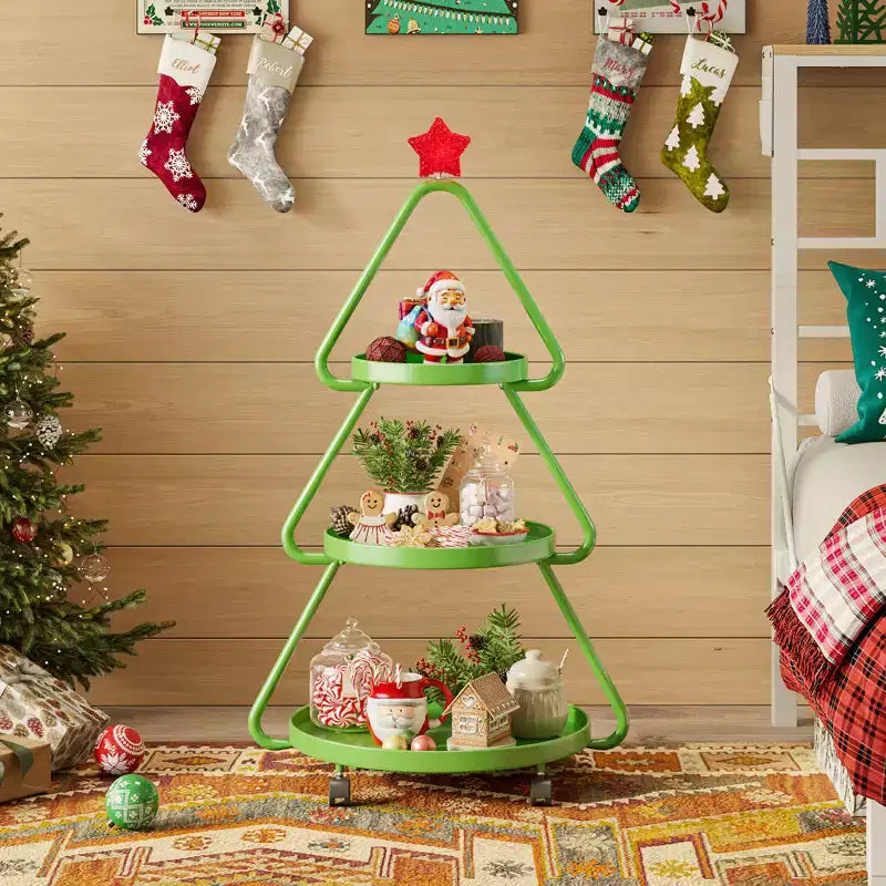 Chariot de rangement roulant Pinmoco pour sapin de Noël, étagère de rangement métallique à 3 niveaux pour collations, petits gâteaux et desserts, table d'appoint pour fêtes et vacances