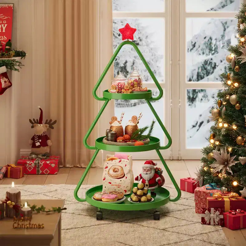 Pinmoco Christmas Tree Rolling Storage Cart, 3-Tier Metal Storage Rack for Snacks Cupcakes & Desserts, End Table for Party and Holiday