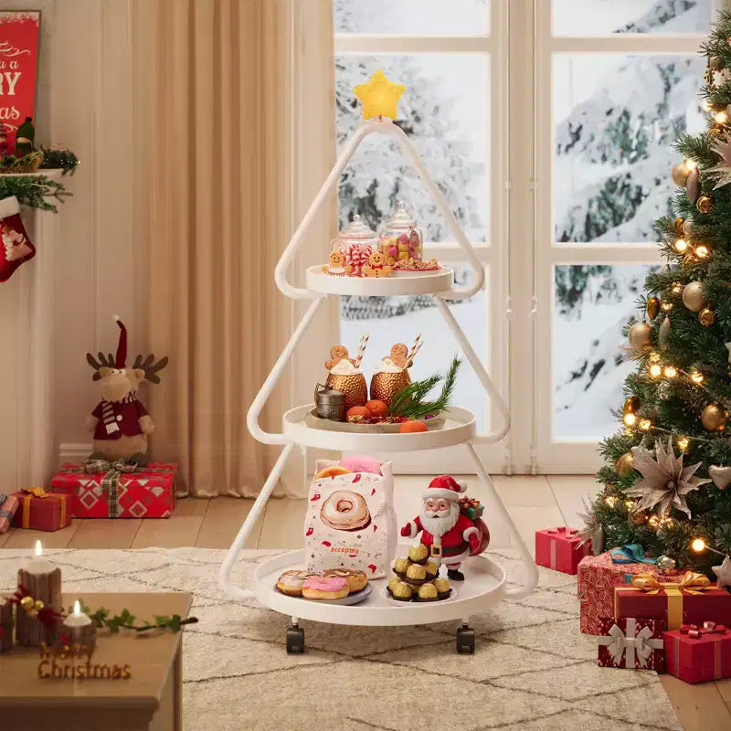 Chariot de rangement roulant Pinmoco pour sapin de Noël, étagère de rangement métallique à 3 niveaux pour collations, petits gâteaux et desserts, table d'appoint pour fêtes et vacances
