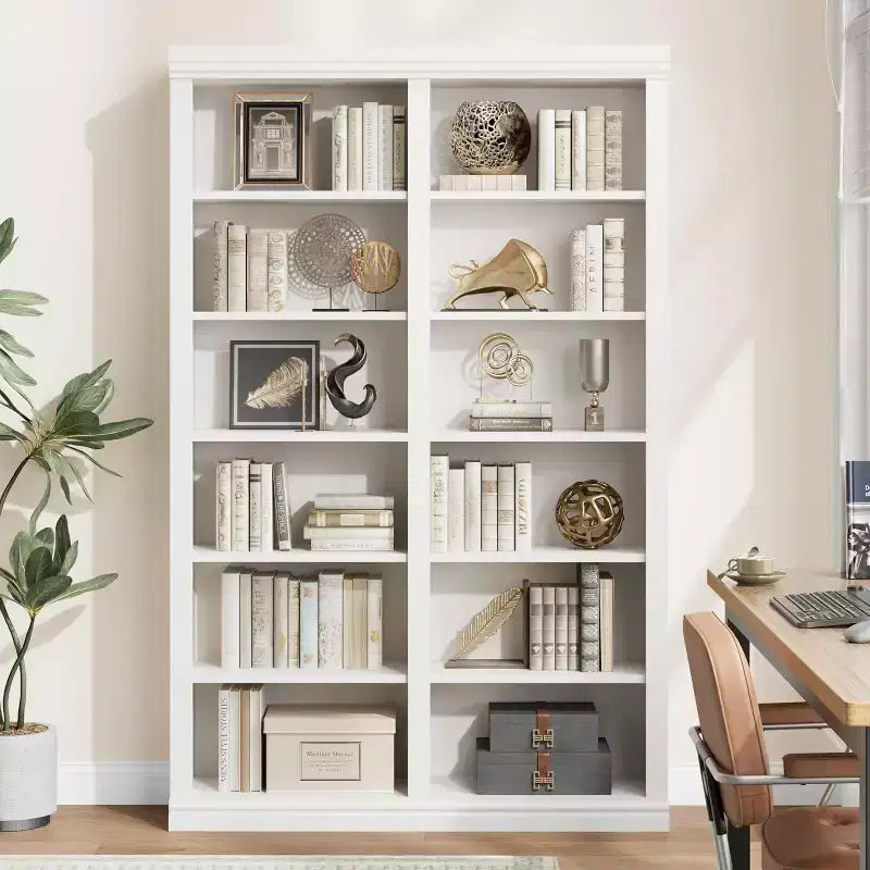 Bibliothèque haute de 74,5 po, bibliothèque à double largeur à 6 niveaux avec 12 compartiments, grande bibliothèque autoportante pour salon, bureau, bibliothèque