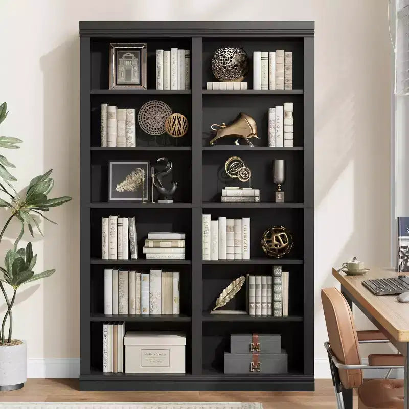 Bibliothèque haute de 74,5 po, bibliothèque à double largeur à 6 niveaux avec 12 compartiments, grande bibliothèque autoportante pour salon, bureau, bibliothèque