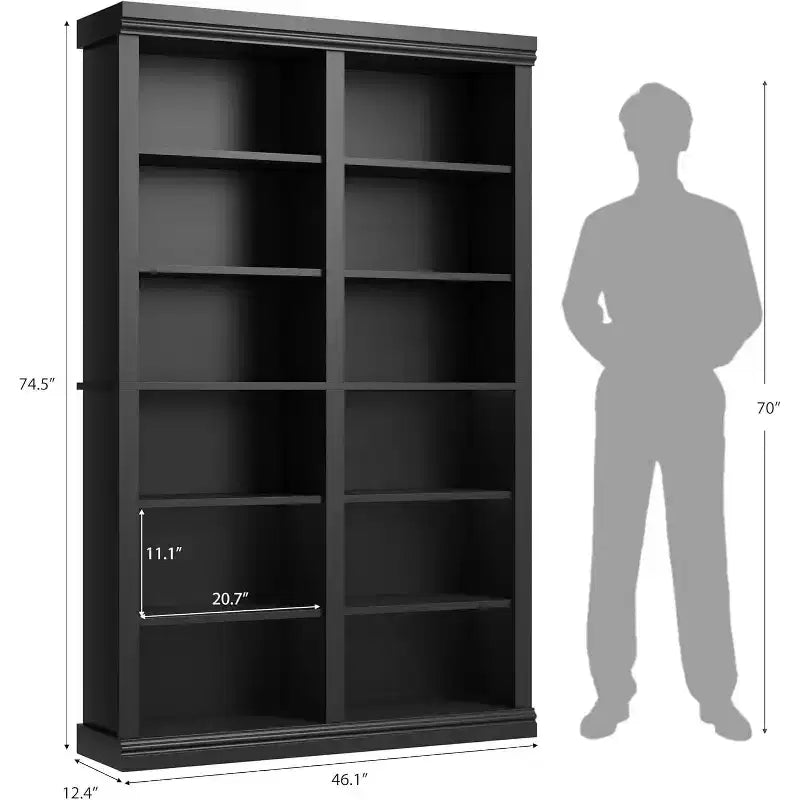 Bibliothèque haute de 74,5 po, bibliothèque à double largeur à 6 niveaux avec 12 compartiments, grande bibliothèque autoportante pour salon, bureau, bibliothèque