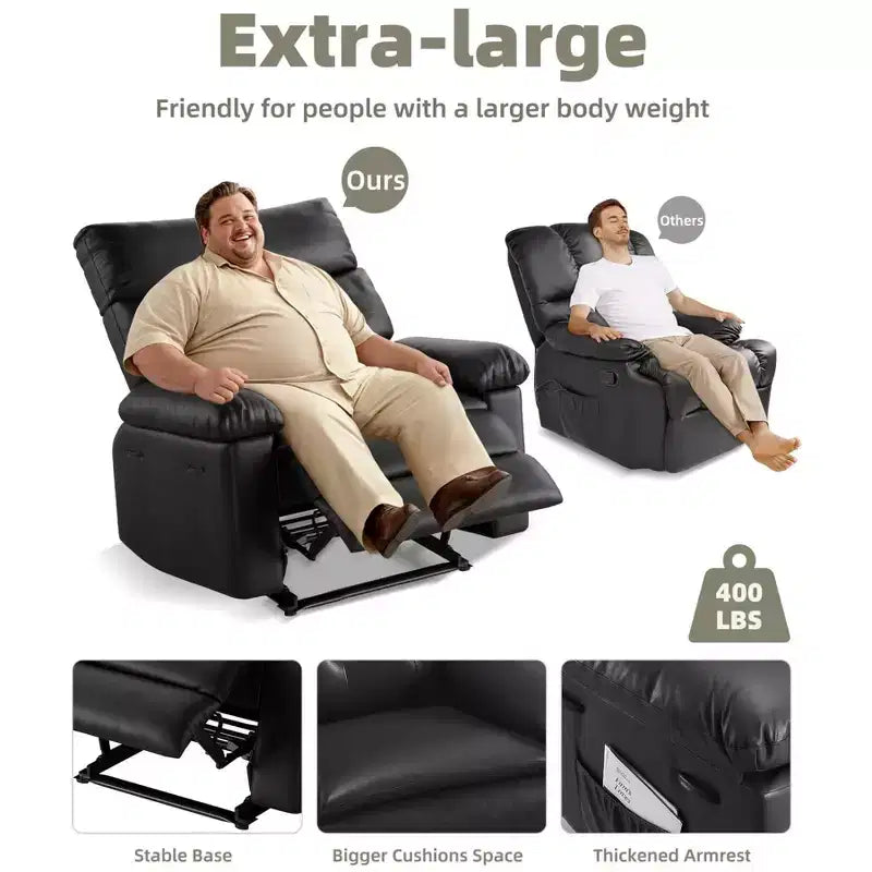 Fauteuil inclinable pivotant surdimensionné - Fauteuil inclinable manuel extra large en cuir PU pour adultes, grand fauteuil relaxant avec fonctions de chauffage et de massage