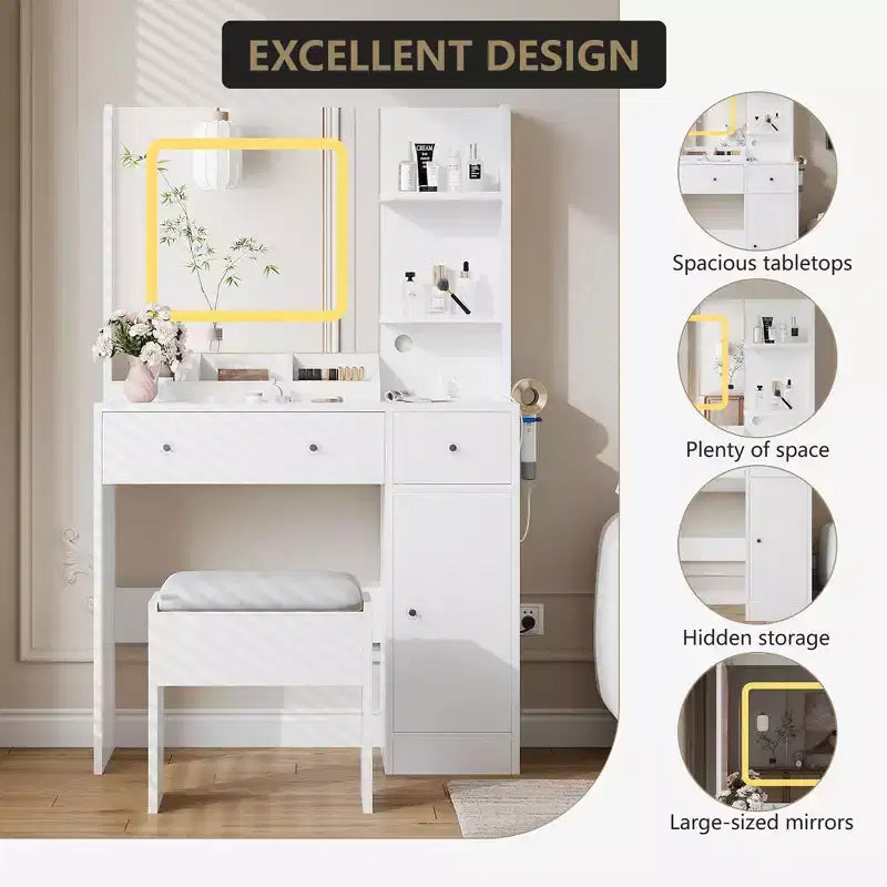 COZONY Coiffeuse avec miroir et tabouret, miroir couleur réglable, 3 tiroirs, 3 étagères ouvertes et meuble de rangement