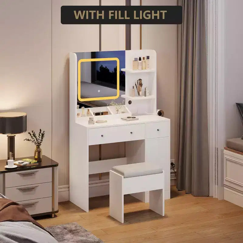 COZONY Coiffeuse avec miroir et tabouret, miroir couleur réglable, 3 tiroirs, 3 étagères ouvertes et meuble de rangement
