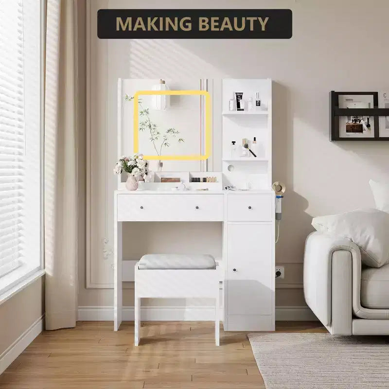 COZONY Coiffeuse avec miroir et tabouret, miroir couleur réglable, 3 tiroirs, 3 étagères ouvertes et meuble de rangement