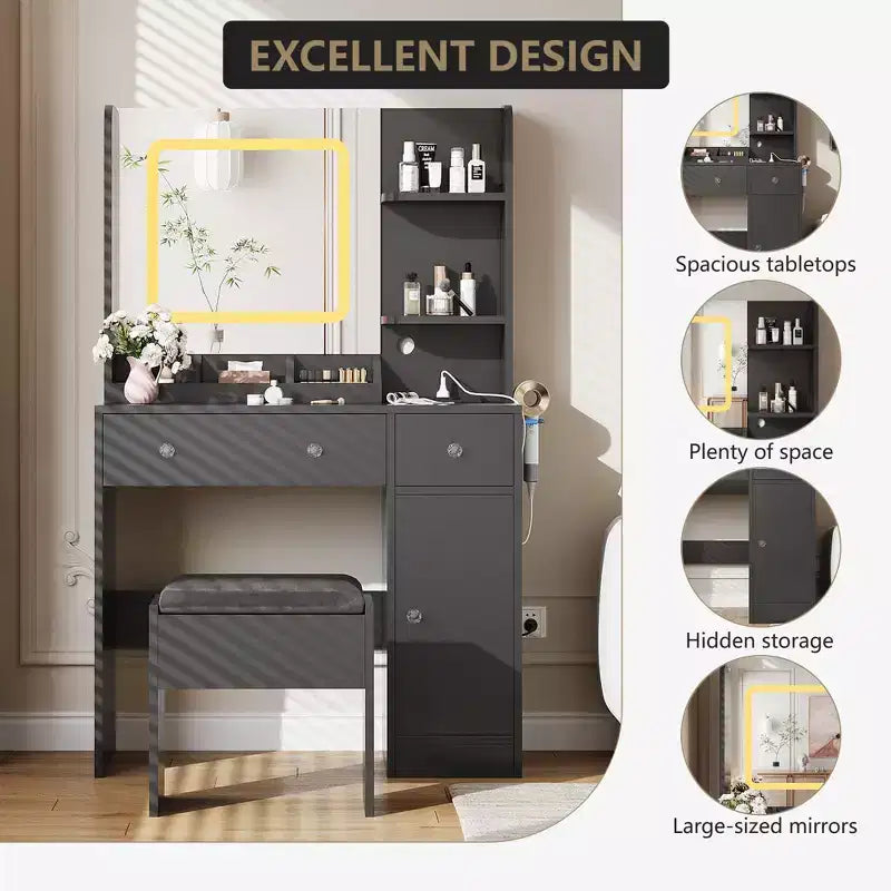 COZONY Coiffeuse avec miroir et tabouret, miroir couleur réglable, 3 tiroirs, 3 étagères ouvertes et meuble de rangement