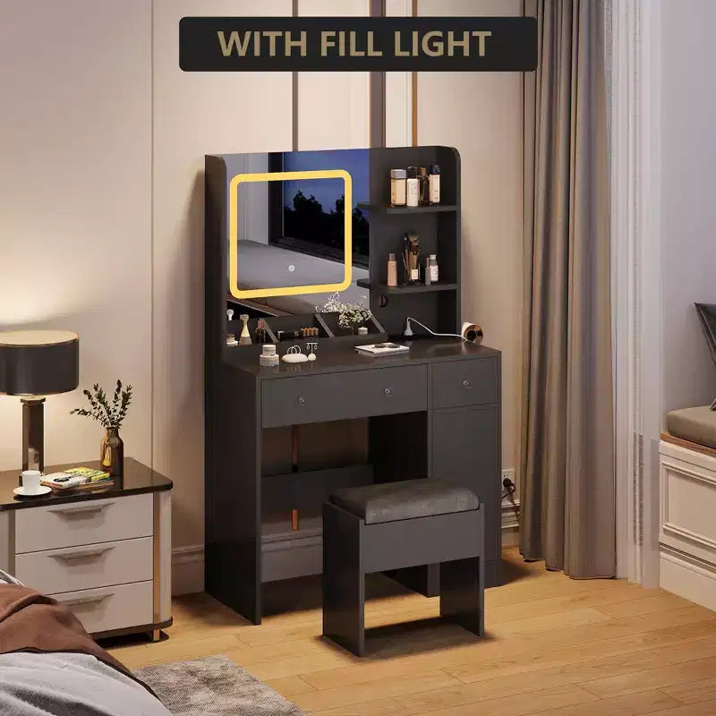 COZONY Coiffeuse avec miroir et tabouret, miroir couleur réglable, 3 tiroirs, 3 étagères ouvertes et meuble de rangement
