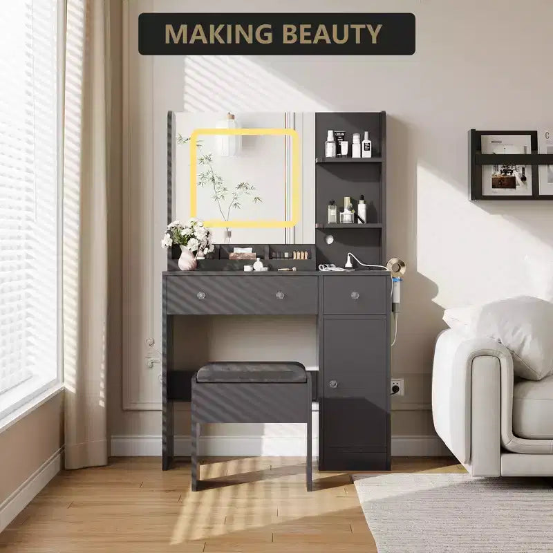 COZONY Coiffeuse avec miroir et tabouret, miroir couleur réglable, 3 tiroirs, 3 étagères ouvertes et meuble de rangement