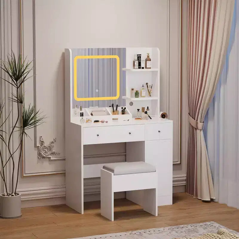 COZONY Coiffeuse avec miroir et tabouret, miroir couleur réglable, 3 tiroirs, 3 étagères ouvertes et meuble de rangement
