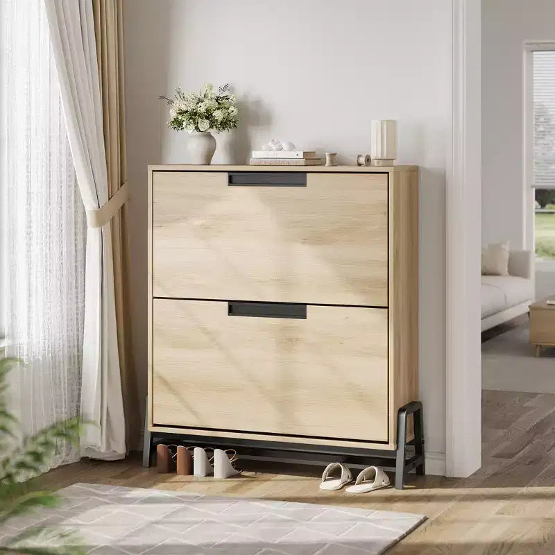 Meuble à chaussures avec 2 tiroirs basculants et pieds en métal, étagère à chaussures étroite autoportante, organisateur de rangement de chaussures en chêne peu encombrant pour l'entrée