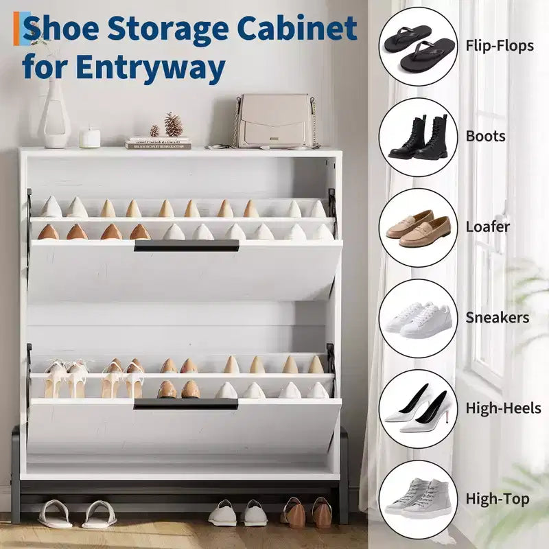 Meuble à chaussures avec 2 tiroirs basculants et pieds en métal, étagère à chaussures étroite autoportante, organisateur de rangement de chaussures en chêne peu encombrant pour l'entrée