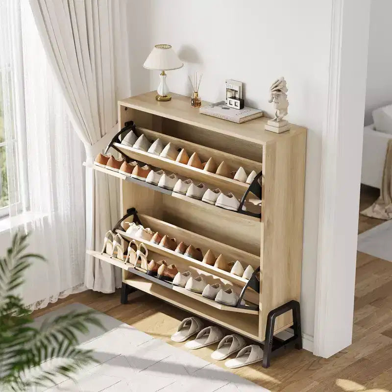 Meuble à chaussures avec 2 tiroirs basculants et pieds en métal, étagère à chaussures étroite autoportante, organisateur de rangement de chaussures en chêne peu encombrant pour l'entrée