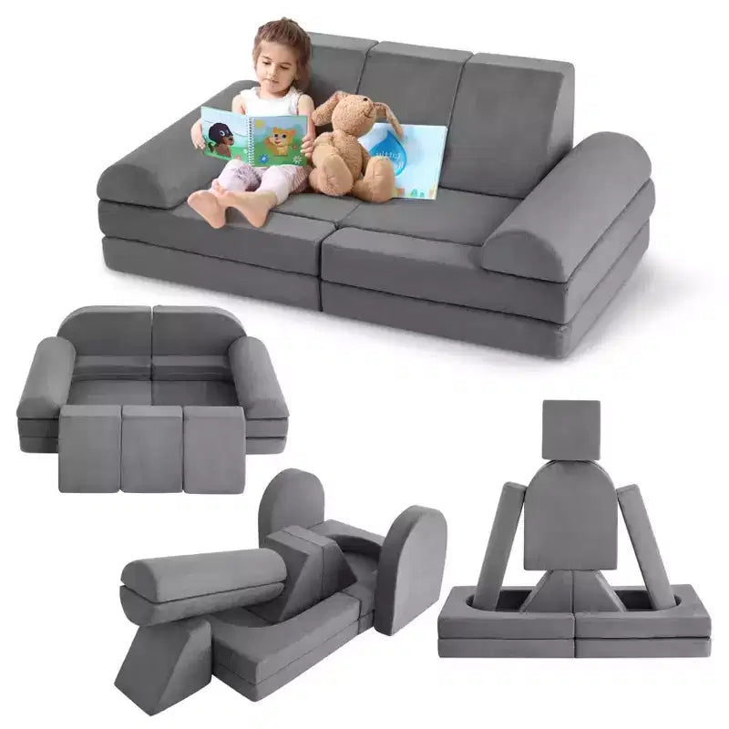 Kids Couch,10Pcs Modular Kids Play Couch, Convertible Child Sectional Sofa for Bedroom, Playroom, Soft Foam Toddler Couch with Ball Pit, Gray