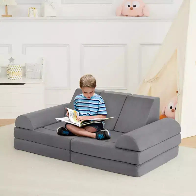 Canapé enfant, canapé de jeu modulaire 10 pièces pour enfants, canapé sectionnel convertible pour chambre d'enfant, salle de jeux, canapé en mousse souple pour tout-petit avec fosse à balles, gris