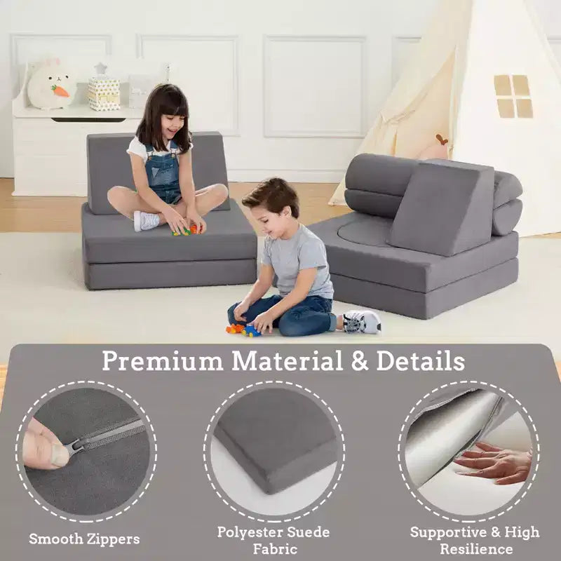 Canapé enfant, canapé de jeu modulaire 10 pièces pour enfants, canapé sectionnel convertible pour chambre d'enfant, salle de jeux, canapé en mousse souple pour tout-petit avec fosse à balles, gris