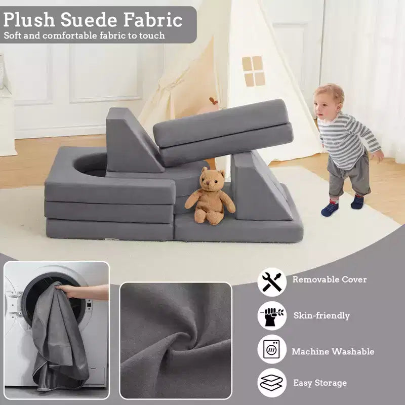 Canapé enfant, canapé de jeu modulaire 10 pièces pour enfants, canapé sectionnel convertible pour chambre d'enfant, salle de jeux, canapé en mousse souple pour tout-petit avec fosse à balles, gris