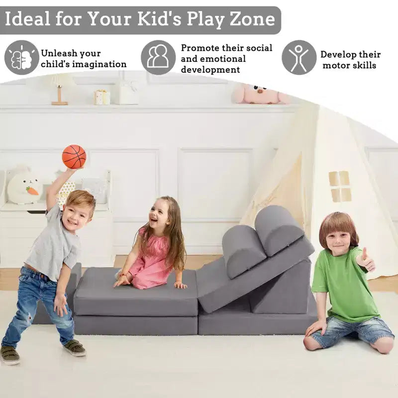Canapé enfant, canapé de jeu modulaire 10 pièces pour enfants, canapé sectionnel convertible pour chambre d'enfant, salle de jeux, canapé en mousse souple pour tout-petit avec fosse à balles, gris