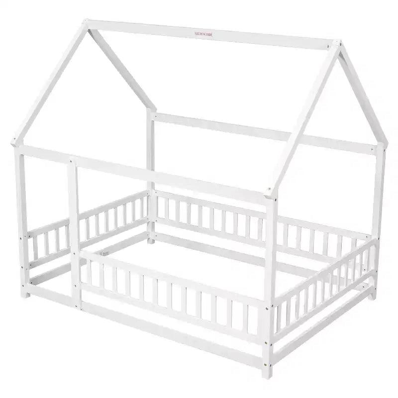 Lit au sol pleine grandeur Bellemave pour enfants avec cadre de toit mignon, lit de jeu en bois robuste avec barrières de sécurité, blanc