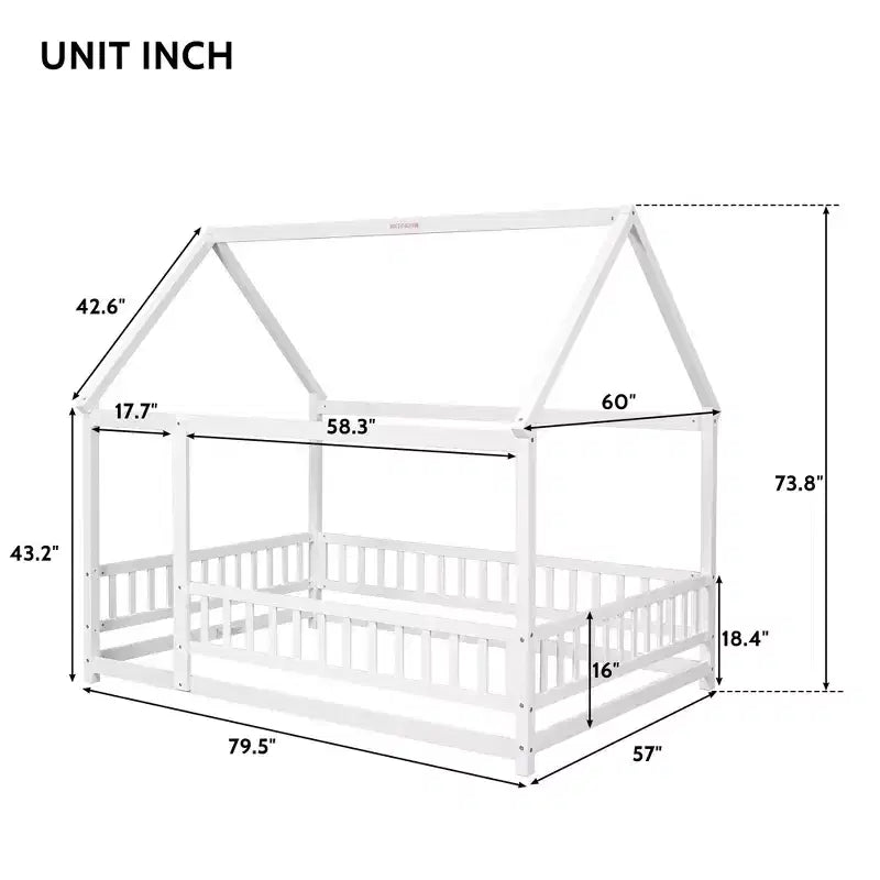 Lit au sol pleine grandeur Bellemave pour enfants avec cadre de toit mignon, lit de jeu en bois robuste avec barrières de sécurité, blanc