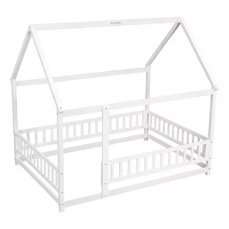 Lit au sol pleine grandeur Bellemave pour enfants avec cadre de toit mignon, lit de jeu en bois robuste avec barrières de sécurité, blanc