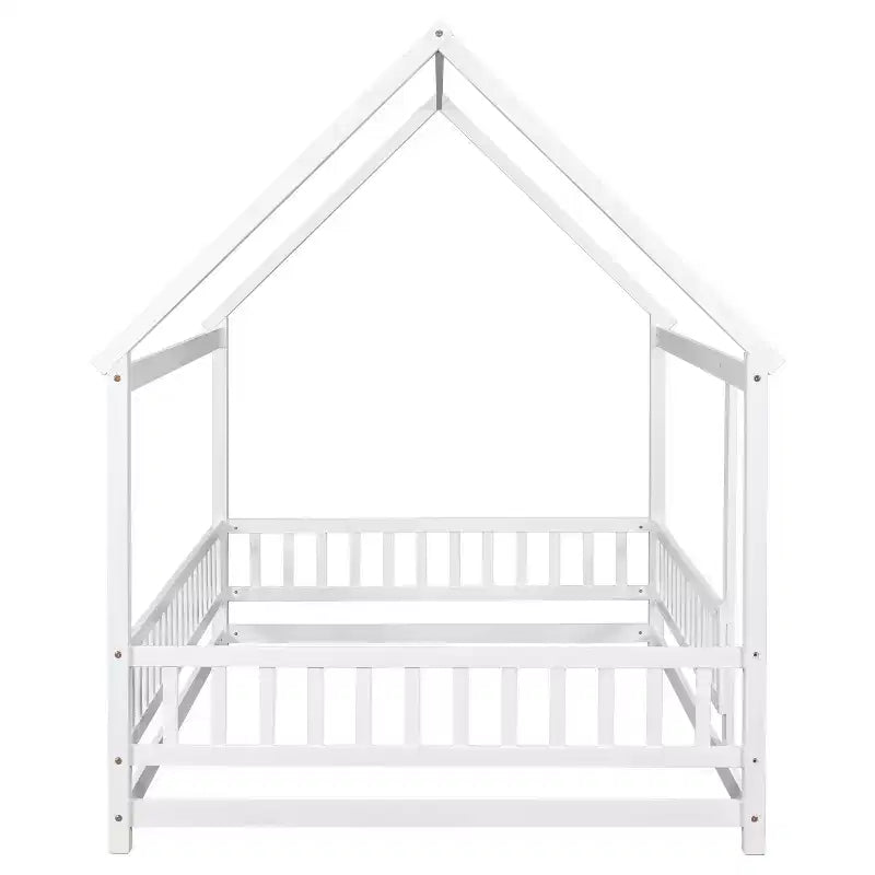 Lit au sol pleine grandeur Bellemave pour enfants avec cadre de toit mignon, lit de jeu en bois robuste avec barrières de sécurité, blanc
