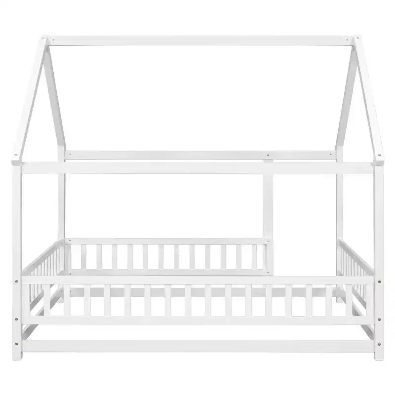 Lit au sol pleine grandeur Bellemave pour enfants avec cadre de toit mignon, lit de jeu en bois robuste avec barrières de sécurité, blanc