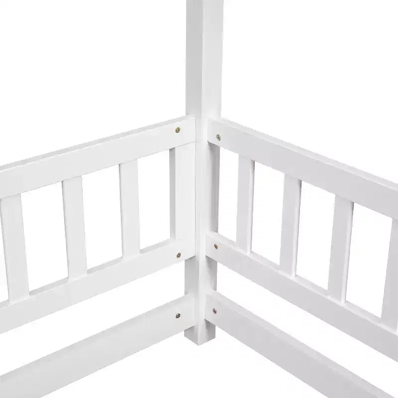 Lit au sol pleine grandeur Bellemave pour enfants avec cadre de toit mignon, lit de jeu en bois robuste avec barrières de sécurité, blanc
