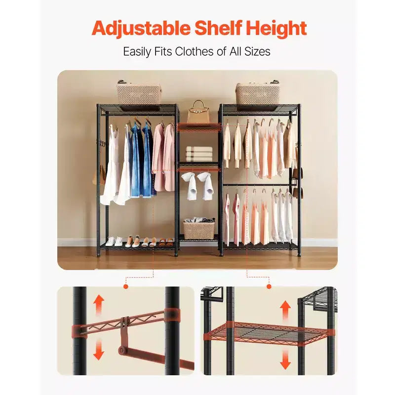 VEVOR Portant à Vêtements, Armoire Robuste, 7 Niveaux Réglables avec Cadre en Acier, Capacité de Charge de 385 kg avec 4 Tiges de Suspension, Noir