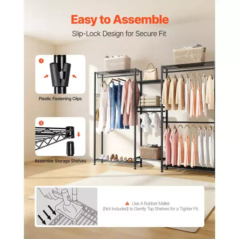 VEVOR Portant à Vêtements, Armoire Robuste, 7 Niveaux Réglables avec Cadre en Acier, Capacité de Charge de 385 kg avec 4 Tiges de Suspension, Noir