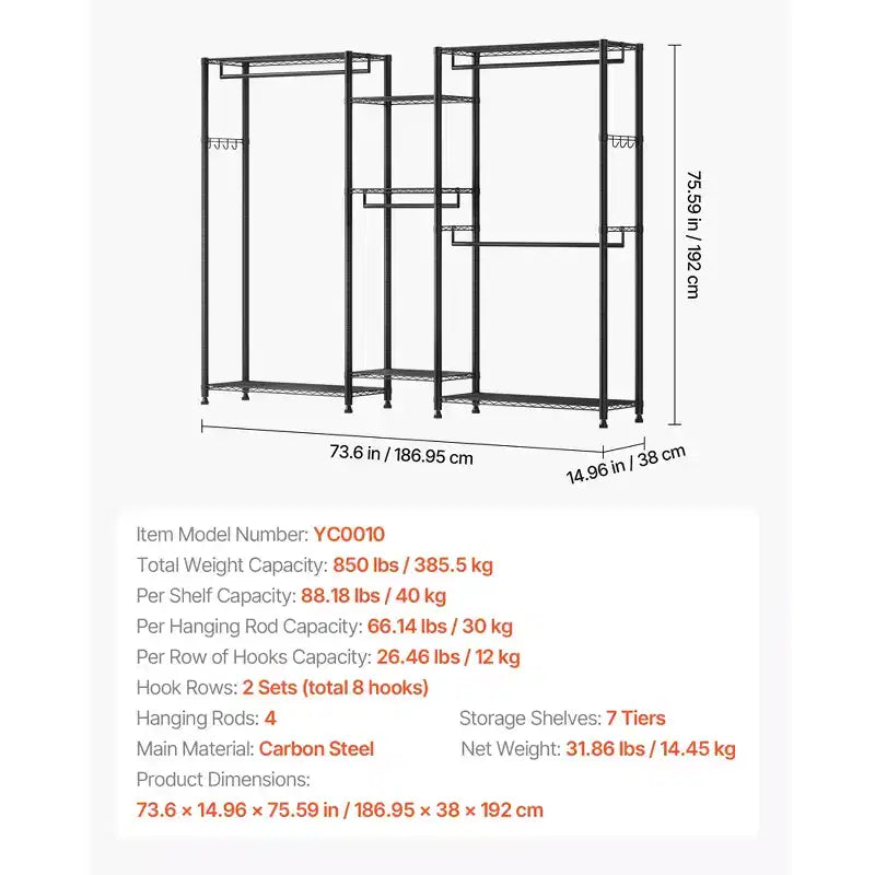 VEVOR Portant à Vêtements, Armoire Robuste, 7 Niveaux Réglables avec Cadre en Acier, Capacité de Charge de 385 kg avec 4 Tiges de Suspension, Noir