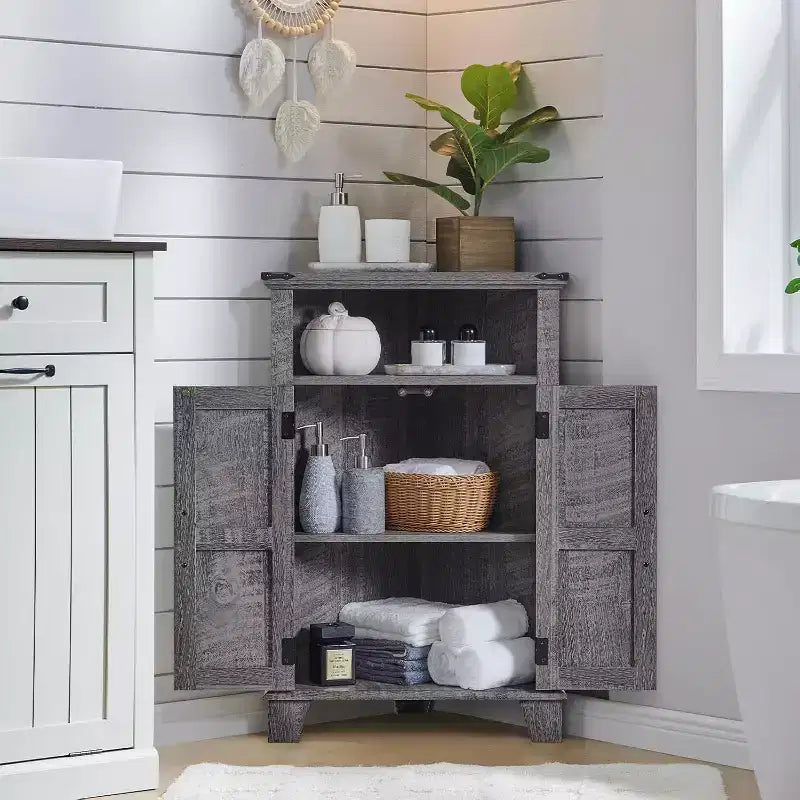 Meuble d'angle de salle de bain Dcolora, petit meuble d'angle de style rustique avec porte de grange