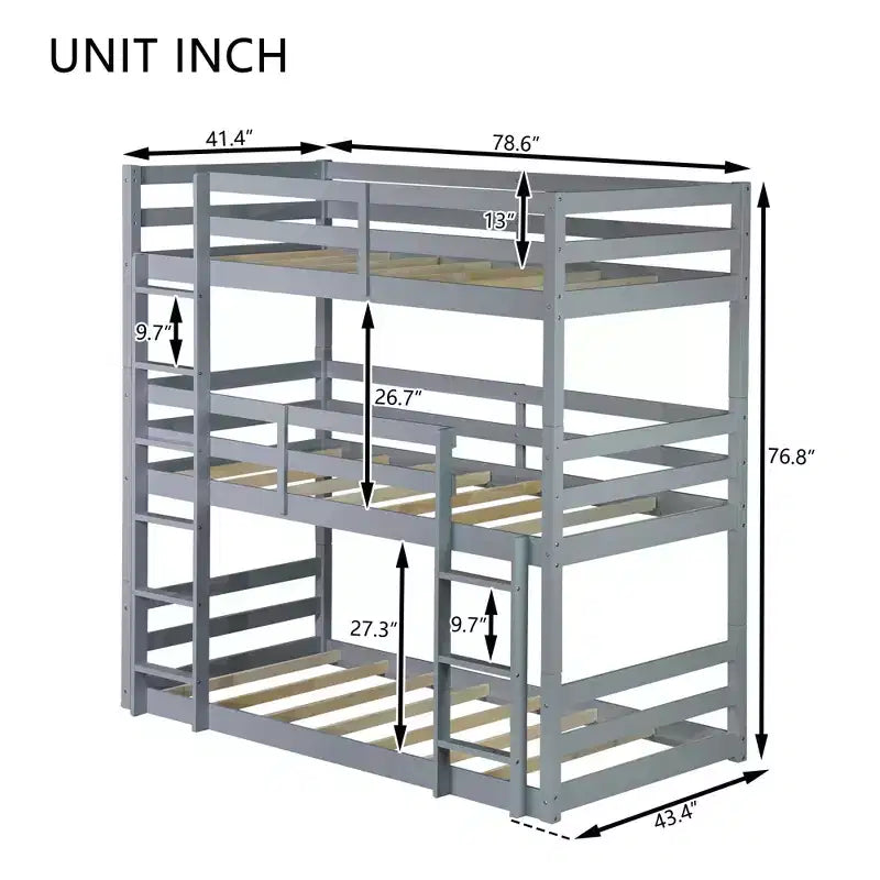 Bellemave Lit superposé triple en bois d'hévéa avec deux échelles intégrées, balustrades, lits jumeaux sur lits jumeaux sur lits jumeaux, lit superposé triple jumeau détachable, gris