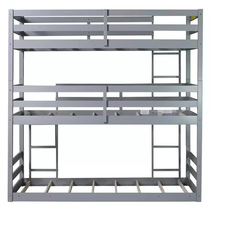 Bellemave Lit superposé triple en bois d'hévéa avec deux échelles intégrées, balustrades, lits jumeaux sur lits jumeaux sur lits jumeaux, lit superposé triple jumeau détachable, gris