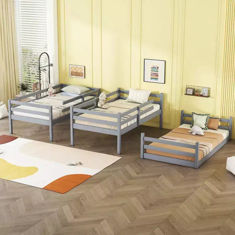 Bellemave Lit superposé triple en bois d'hévéa avec deux échelles intégrées, balustrades, lits jumeaux sur lits jumeaux sur lits jumeaux, lit superposé triple jumeau détachable, gris