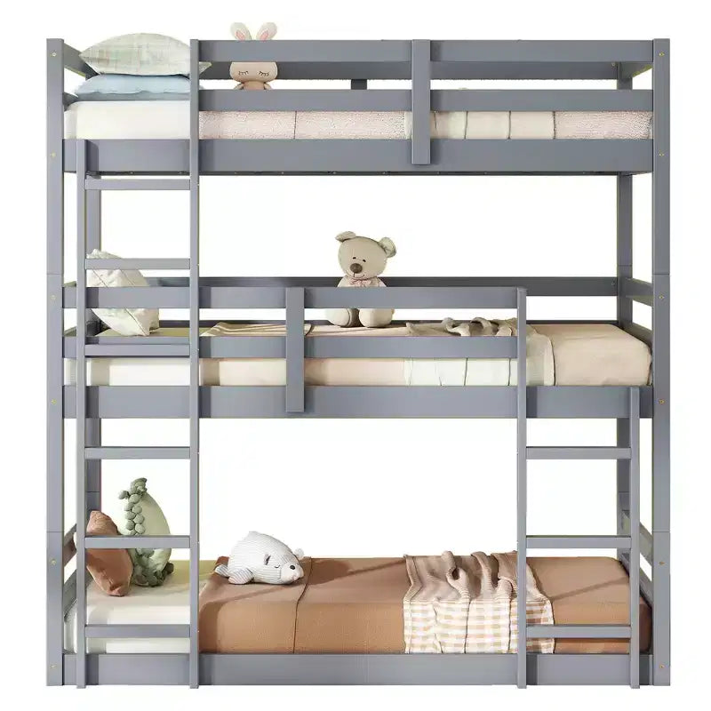 Bellemave Lit superposé triple en bois d'hévéa avec deux échelles intégrées, balustrades, lits jumeaux sur lits jumeaux sur lits jumeaux, lit superposé triple jumeau détachable, gris