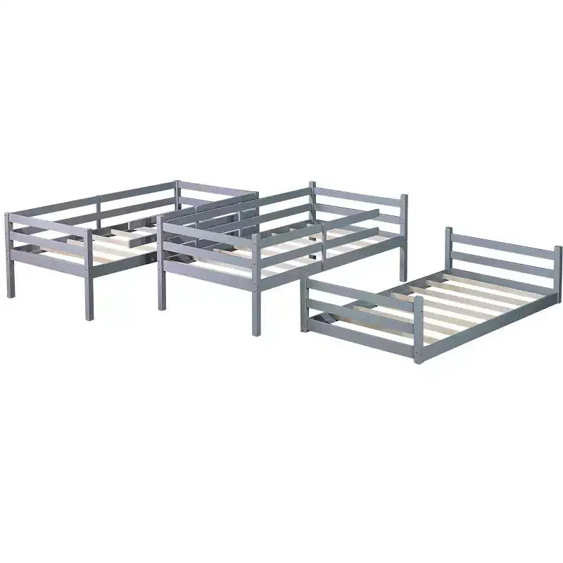 Bellemave Lit superposé triple en bois d'hévéa avec deux échelles intégrées, balustrades, lits jumeaux sur lits jumeaux sur lits jumeaux, lit superposé triple jumeau détachable, gris