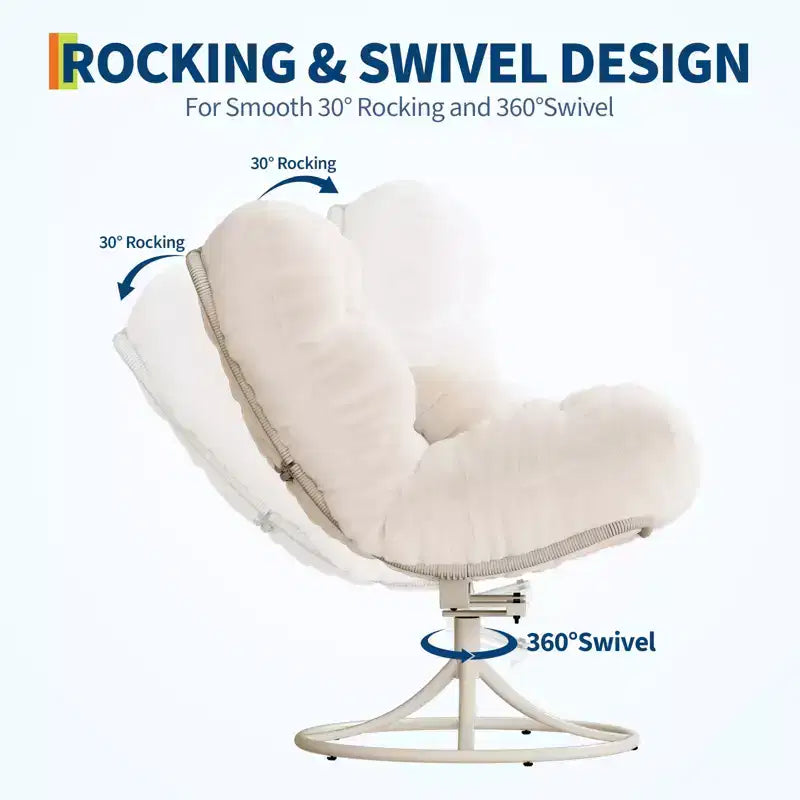 Fauteuil à bascule pivotant à 360° en rotin d'hiver, fauteuil de salon en osier tout temps avec coussin d'assise épais et base à bascule en métal pour l'intérieur et l'extérieur