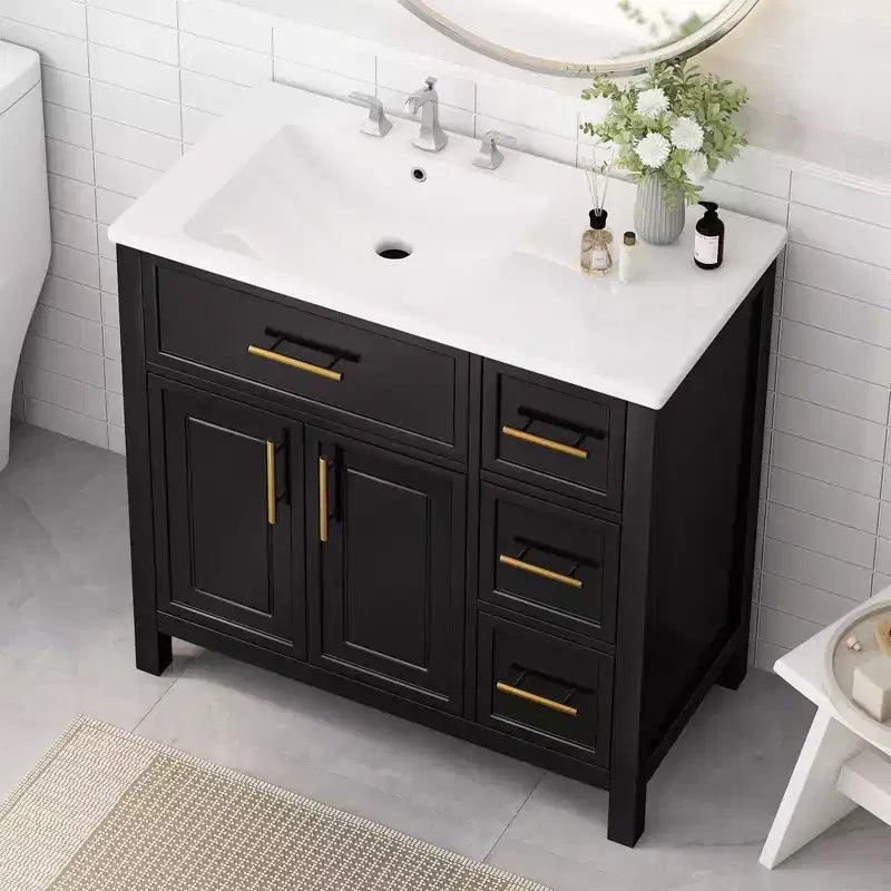Meuble lavabo Bellemave 36 pouces avec évier, meuble de salle de bain noir avec tiroirs, armoire de salle de bain noire avec poignées dorées