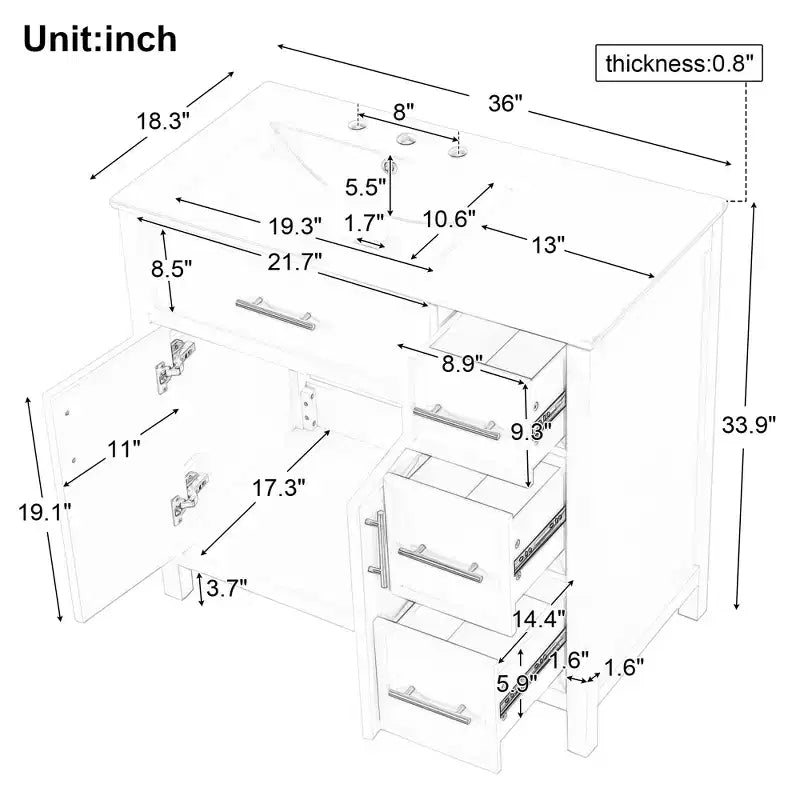Meuble lavabo Bellemave 36 pouces avec évier, meuble de salle de bain noir avec tiroirs, armoire de salle de bain noire avec poignées dorées