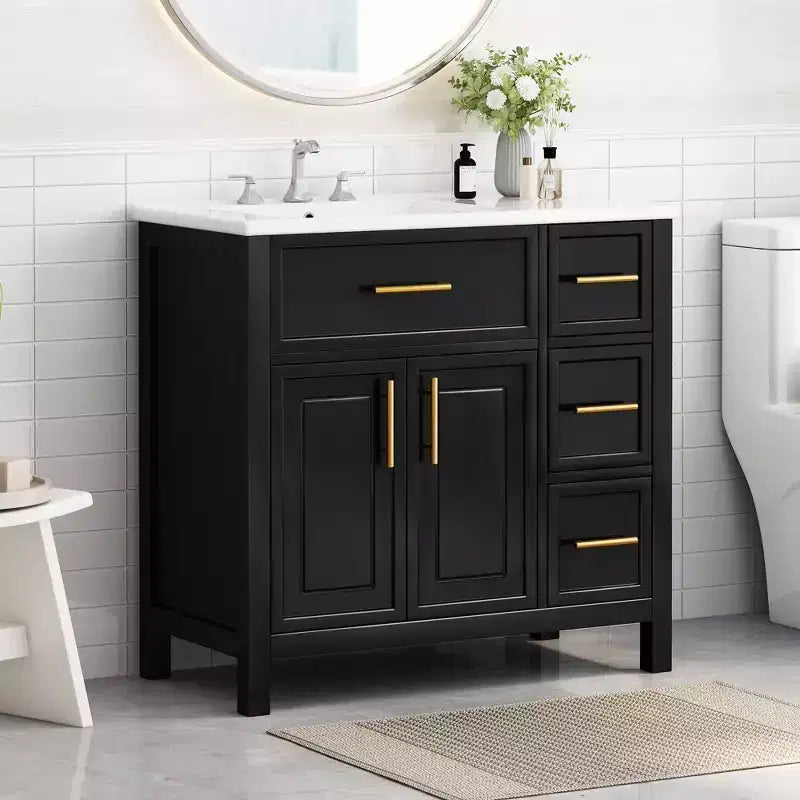Meuble lavabo Bellemave 36 pouces avec évier, meuble de salle de bain noir avec tiroirs, armoire de salle de bain noire avec poignées dorées