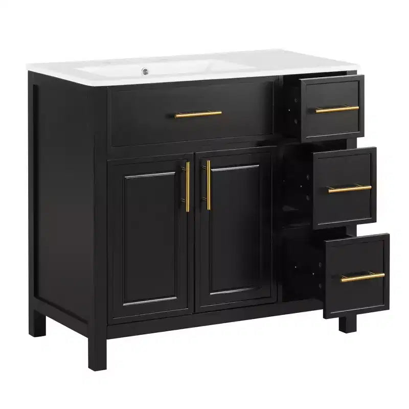 Meuble lavabo Bellemave 36 pouces avec évier, meuble de salle de bain noir avec tiroirs, armoire de salle de bain noire avec poignées dorées